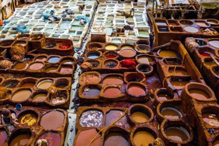 View of the Tannery in Fez - Intriguing sight of colorful dyeing vats and traditional leather craftsmanship