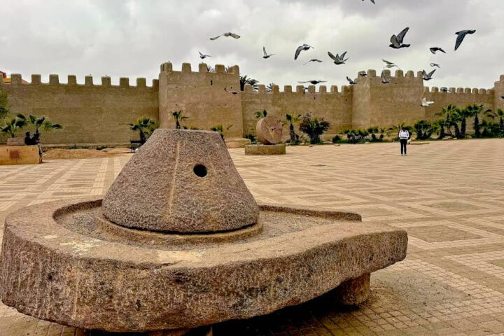 Ancient stone mill in the foreground with the historic ochre city walls of Taroudant Medina and pigeons flying in the background.