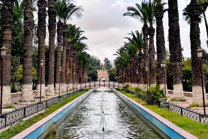 Long ornamental fountain lined with tall palm trees leading to a historic gate in Ibrahim Roudani Park, Taroudant.