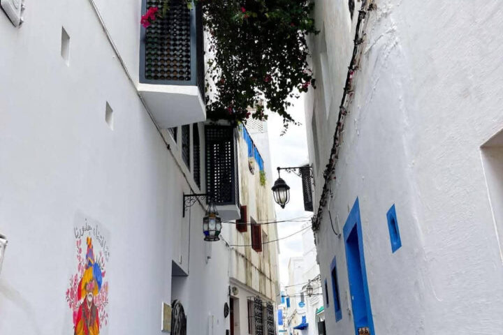 Colorful mural with Arabic calligraphy in a narrow Asilah alley decorated with bright pink bougainvillea.