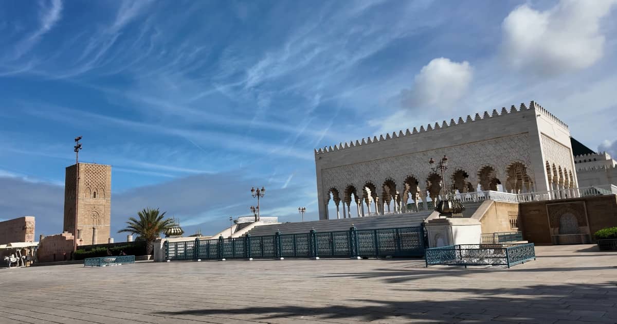 Hassan Tower and Mohamed V Mausoleum in Rabat, featured on Best Morocco Tours.