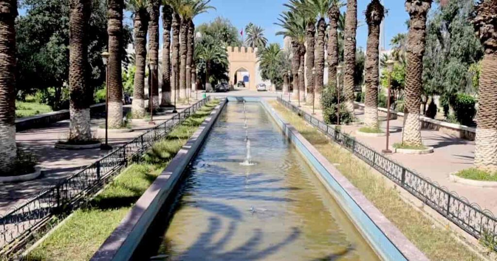 Taroudant kasbah garden Palm-lined garden with water channel in the kasbah in Taroudant Morocco