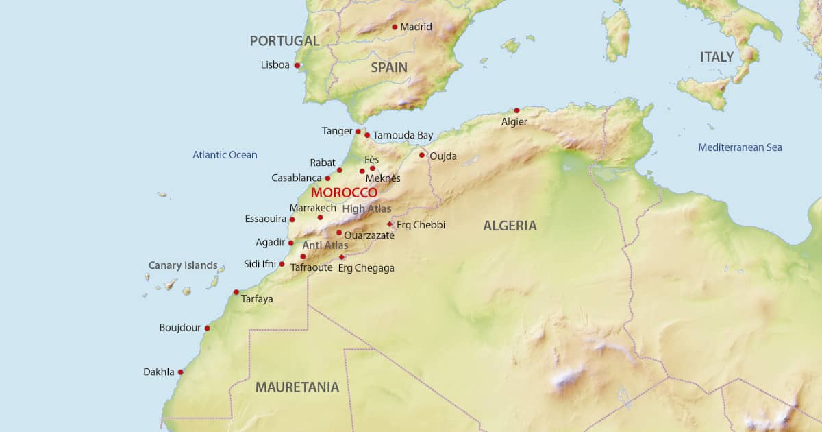 Map of Morocco showing key cities for travel insights, itineraries, and ideas."