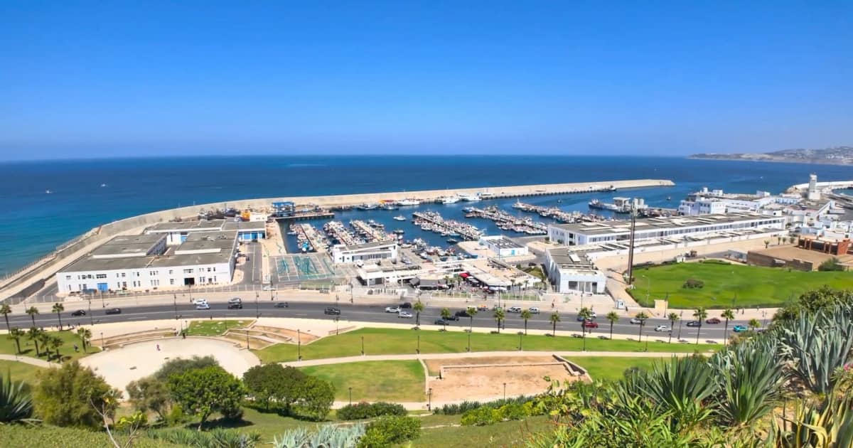 View of the Mediterranean Sea and Tangier's skyline from Bab al-Bahr, a historic gateway visited on Tangier shore excursions.