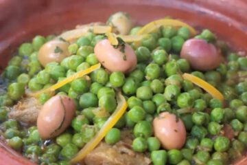 Moroccan beef tagine with green peas served during a cooking class in Agadir