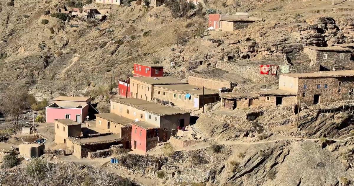 Traditional Berber village in the sunlit Atlas Mountains during winter
