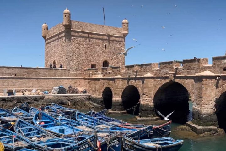 Traditional fishing boats in Essaouira harbor with ramparts in background