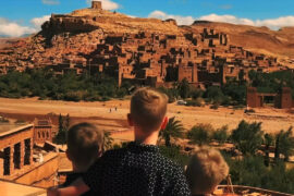 Family exploring Aït Benhaddou during the 11-day Morocco family tour – Marrakesh, Atlas & Desert