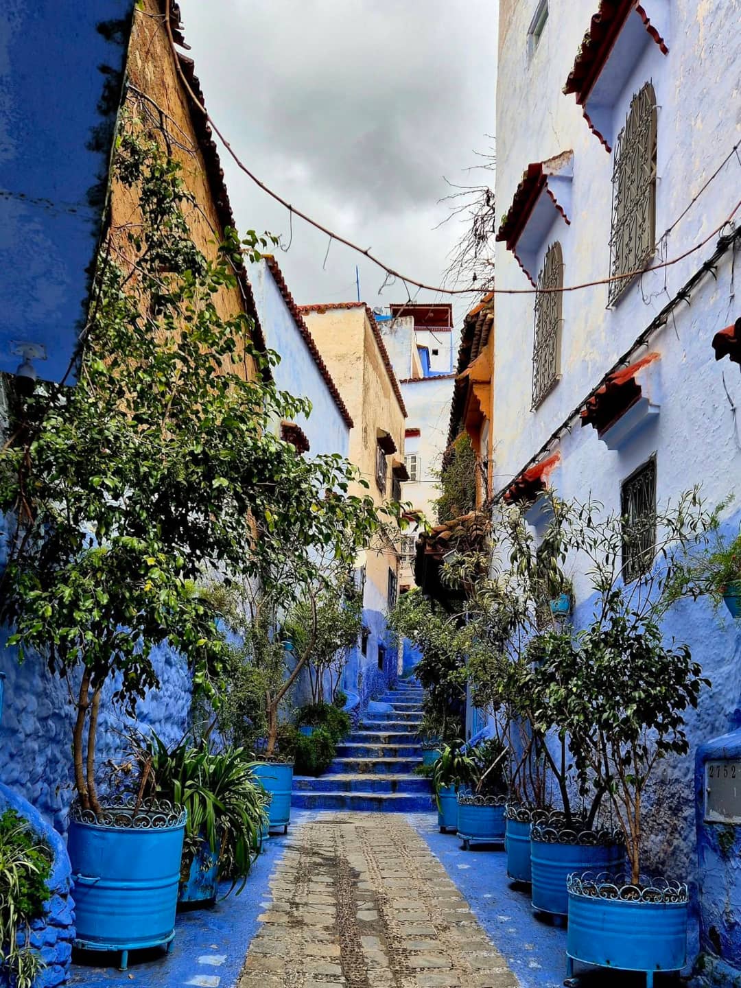 Traditional blue-washed facade and ornate wooden door in the Medina of Chefchaouen, Morocco.