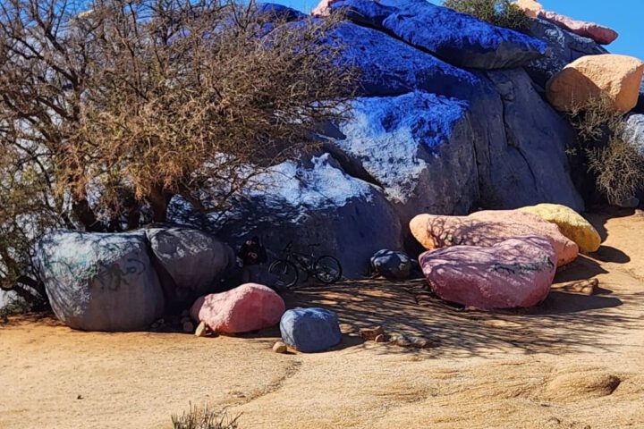 Close-up of the colorful Painted Rocks of Tafraoute in Morocco’s Anti-Atlas, vibrant artwork on natural stone