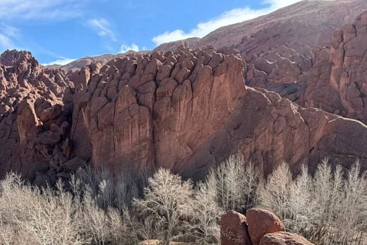 Rote Felsformationen der Affenfinger im Dades-Tal mit Bäumen im Vordergrund