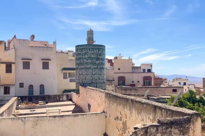 Unique cylindrical minaret in Moulay Idriss Zerhoun mosque Morocco