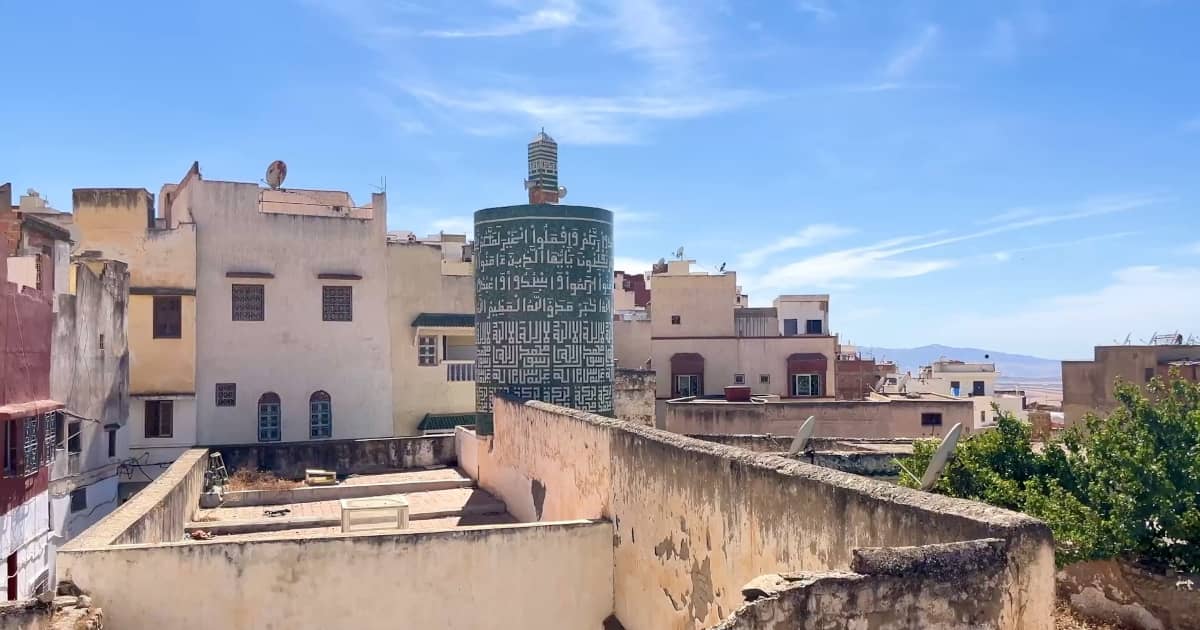 Unique cylindrical minaret in Moulay Idriss Zerhoun mosque Morocco