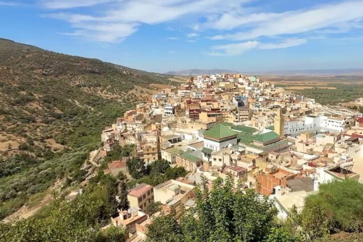 Wide panoramic view of Moulay Idriss Zerhoun medina in Morocco