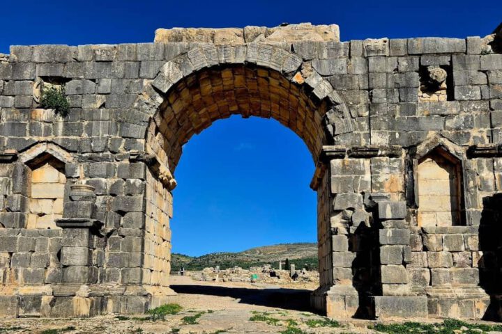 South side view of the Arch of Caracalla in Volubilis, Morocco.