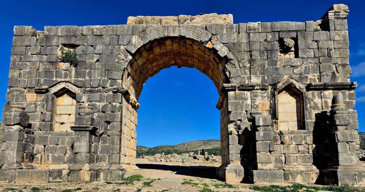 South side view of the Arch of Caracalla in Volubilis, Morocco.