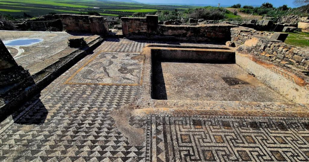 Römische Mosaike in Volubilis Marokko mit geometrischen Mustern und antiken Details