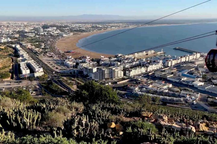 Panoramic view of Agadir port, coastline and cable car from Kasbah Oufella – ideal starting point for cruise shore excursions in Morocco