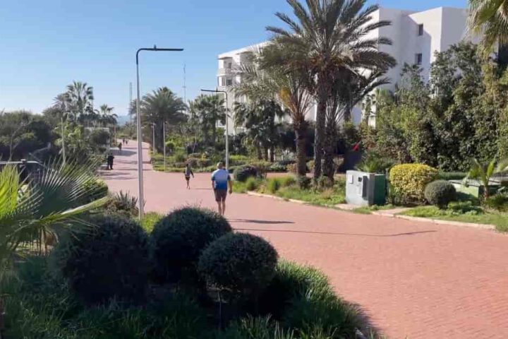 Promenade in Agadir mit Palmen, gepflegten Gärten und Spaziergängern entlang der Küste