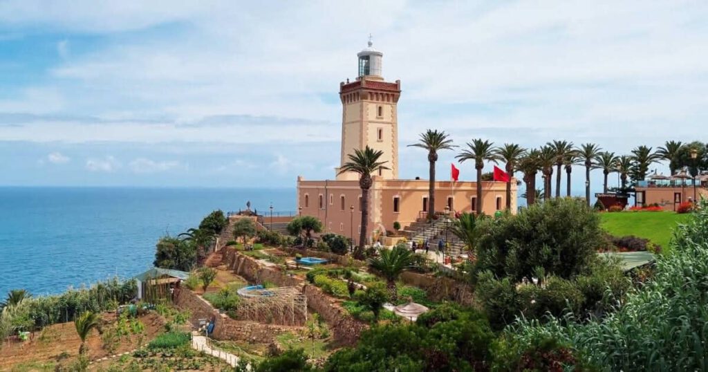 Lighthouse at Cap Spartel near Tangier overlooking the Atlantic Ocean and coastal cliffs at the meeting point of two seas