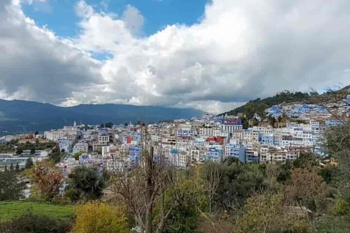 Panoramic view of Chefchaouen blue city in the Rif Mountains during a day trip from Tangier